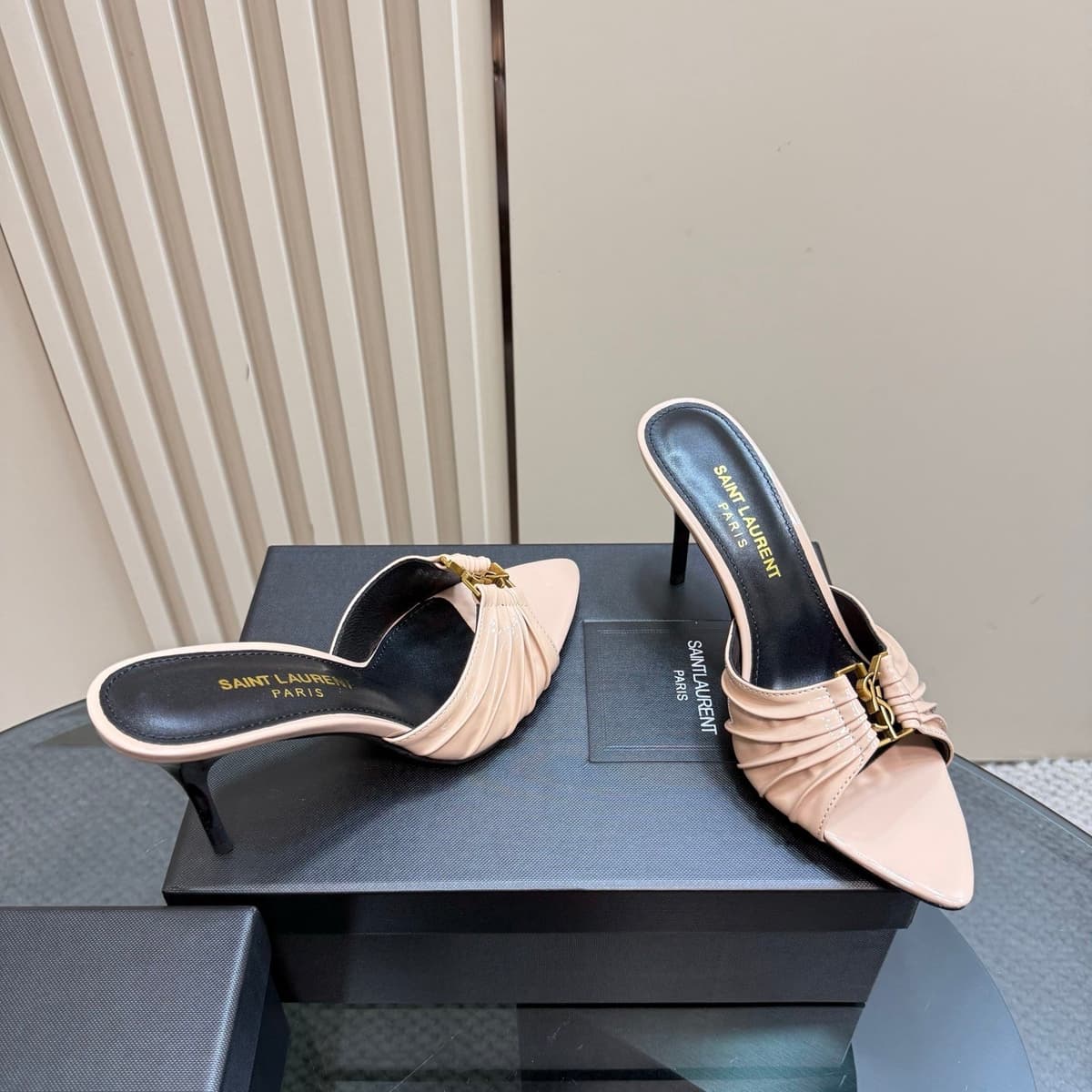 Saint Laurent Babylone Ruched Mules in Leather Nude