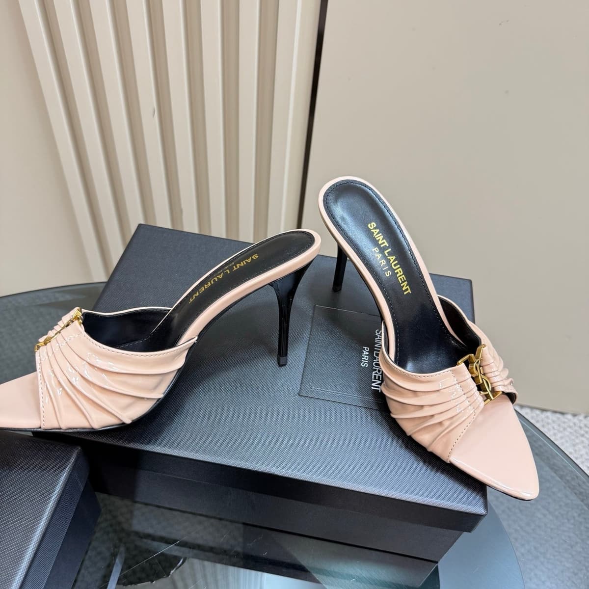 Saint Laurent Babylone Ruched Mules in Leather Nude