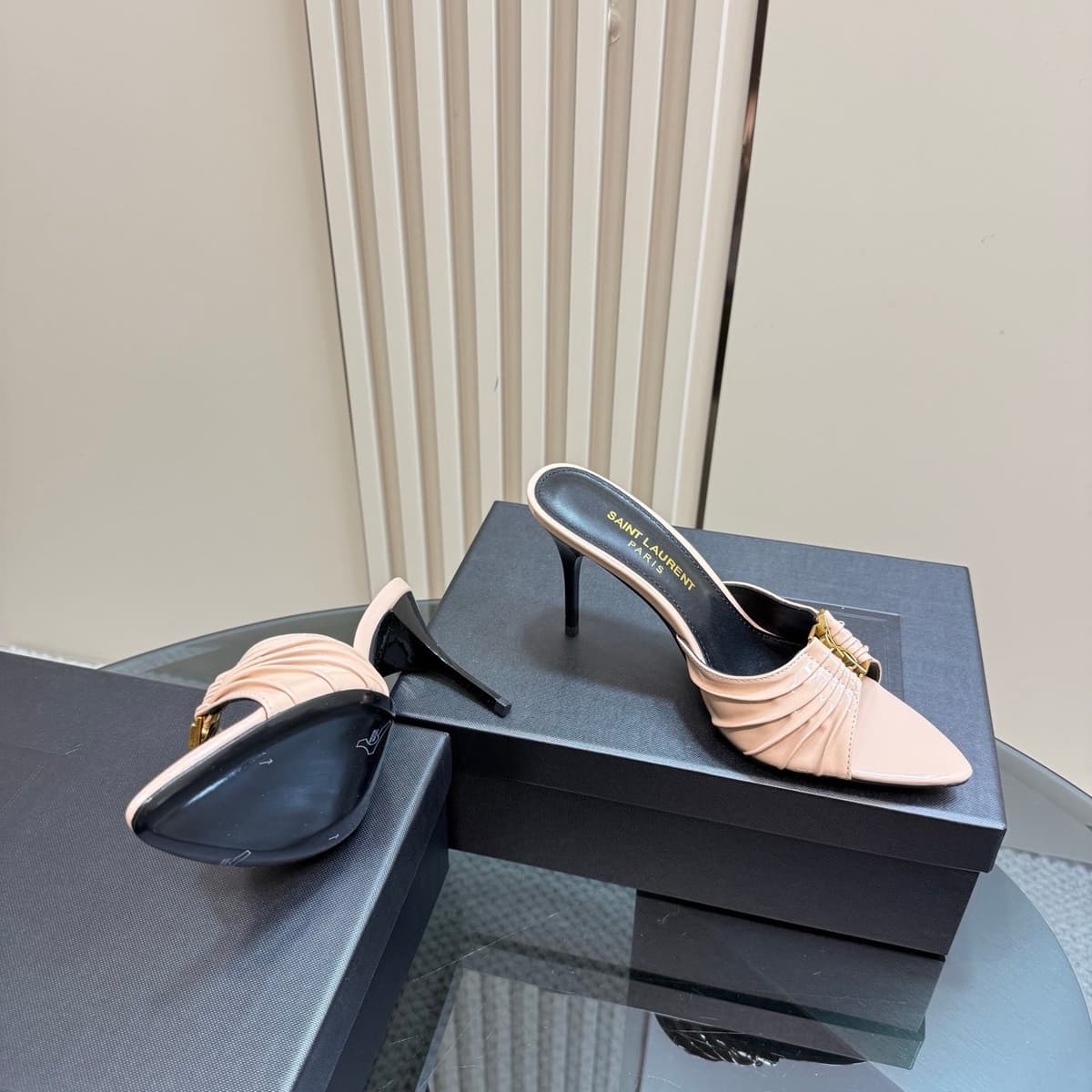 Saint Laurent Babylone Ruched Mules in Leather Nude