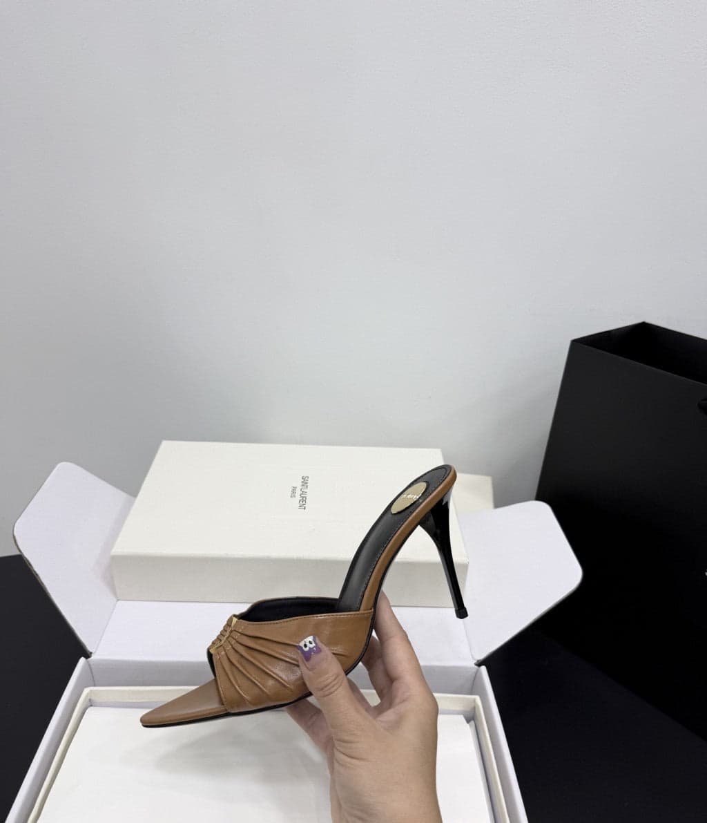Saint Laurent Babylone Ruched Mules in Leather Camel