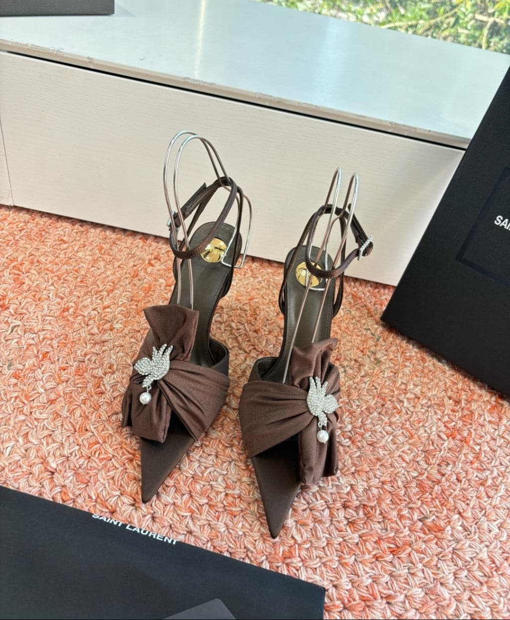 Saint Laurent Dove Sandals in Satin Crepe and Rhinestones Brown