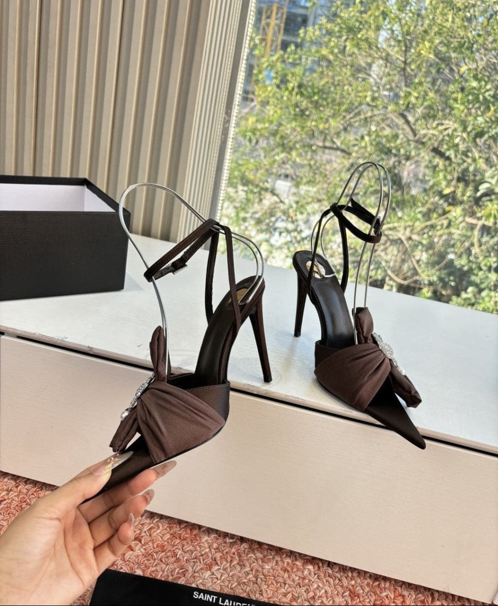Saint Laurent Dove Sandals in Satin Crepe and Rhinestones Brown