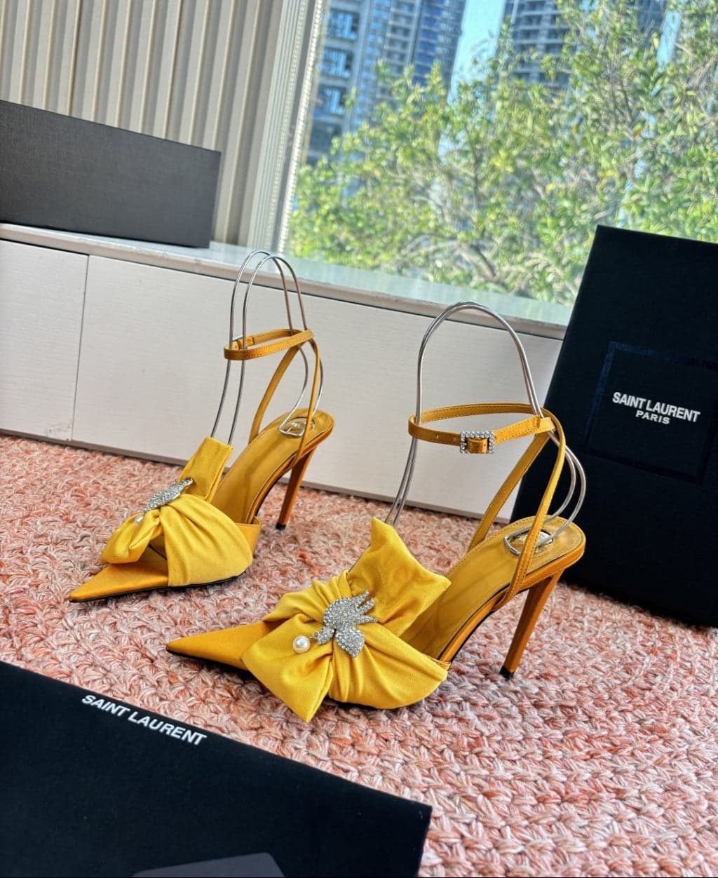 Saint Laurent Dove Sandals in Satin Crepe and Rhinestones Yellow