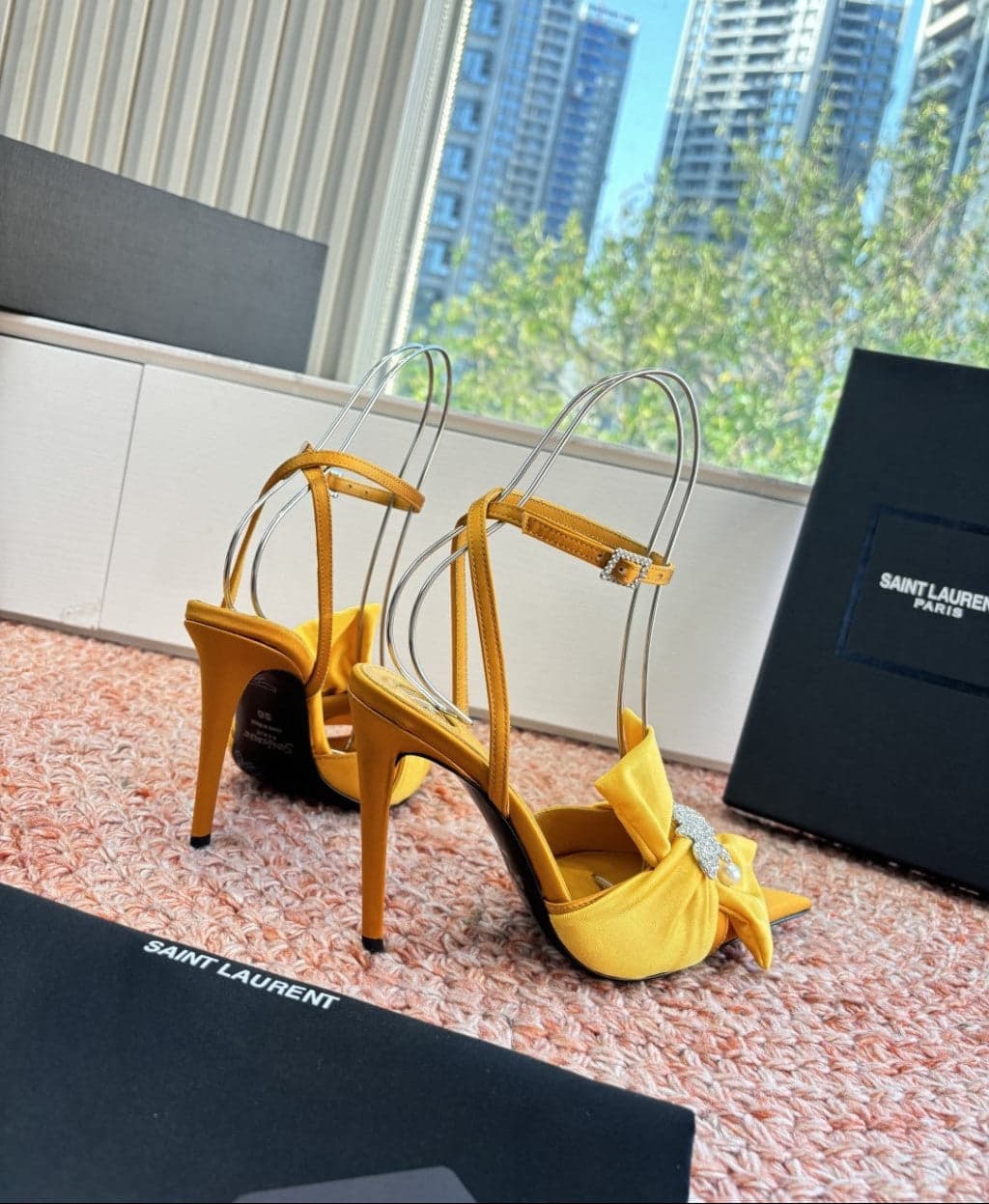 Saint Laurent Dove Sandals in Satin Crepe and Rhinestones Yellow