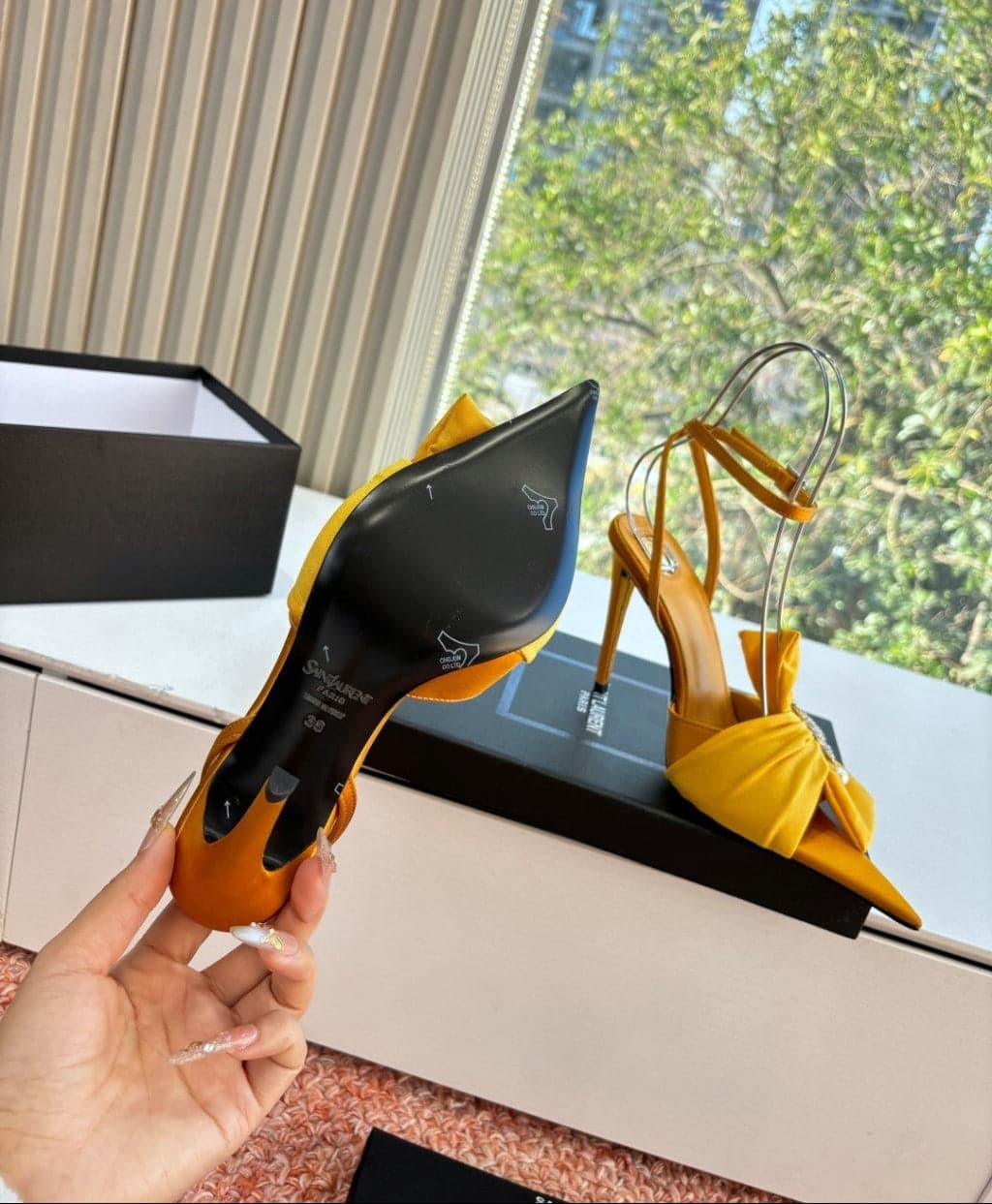 Saint Laurent Dove Sandals in Satin Crepe and Rhinestones Yellow