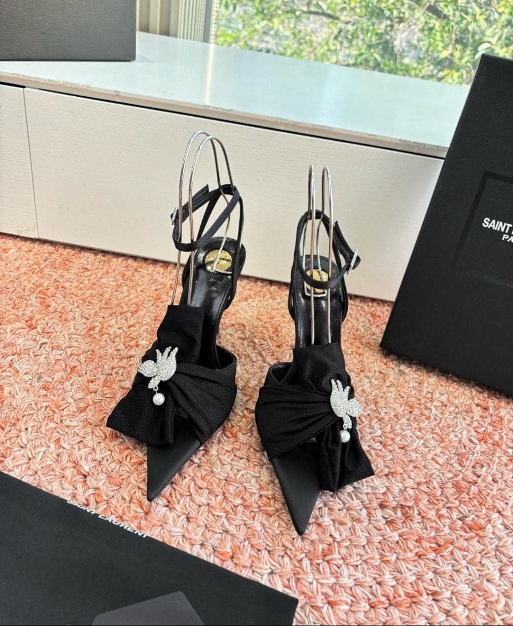 Saint Laurent Dove Sandals in Satin Crepe and Rhinestones Black / Black