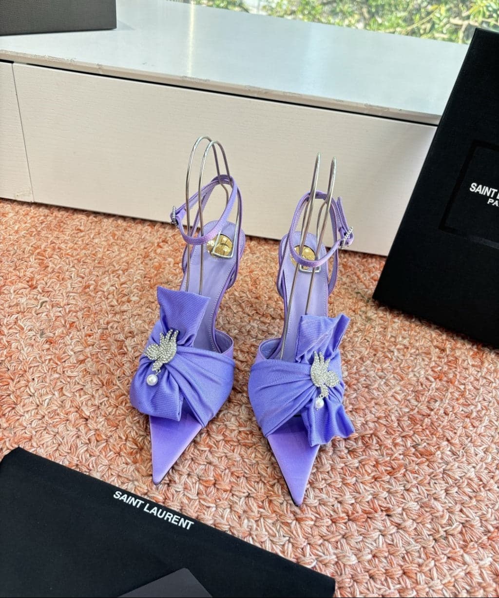 Saint Laurent Dove Sandals in Satin Crepe and Rhinestones Lilac