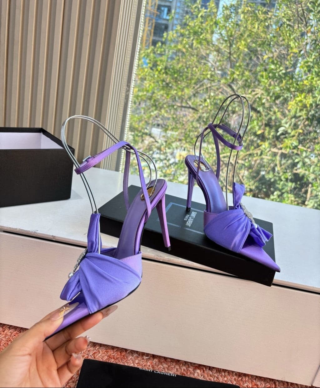 Saint Laurent Dove Sandals in Satin Crepe and Rhinestones Lilac