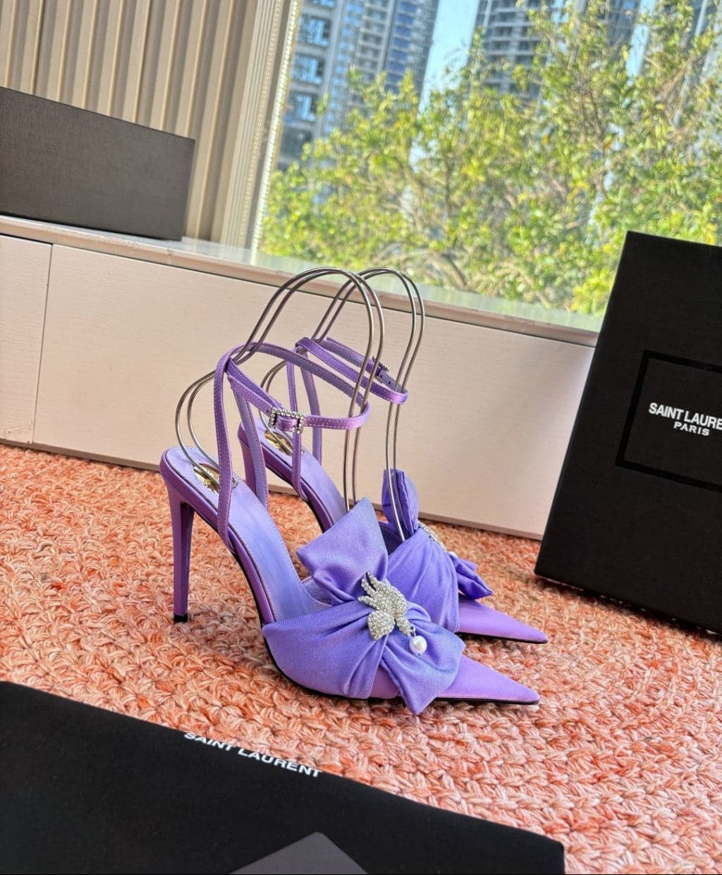 Saint Laurent Dove Sandals in Satin Crepe and Rhinestones Lilac