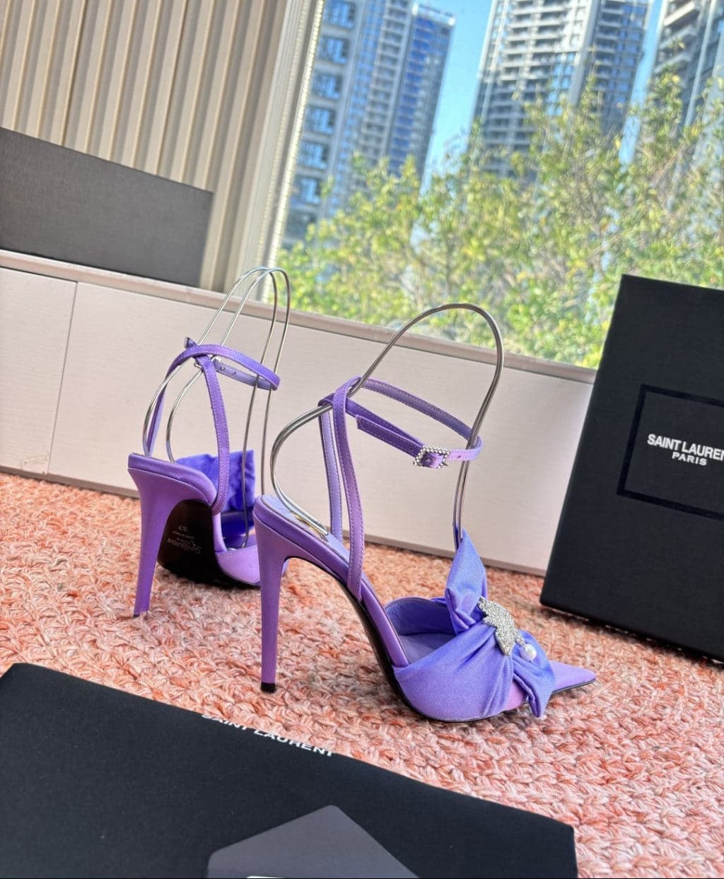 Saint Laurent Dove Sandals in Satin Crepe and Rhinestones Lilac