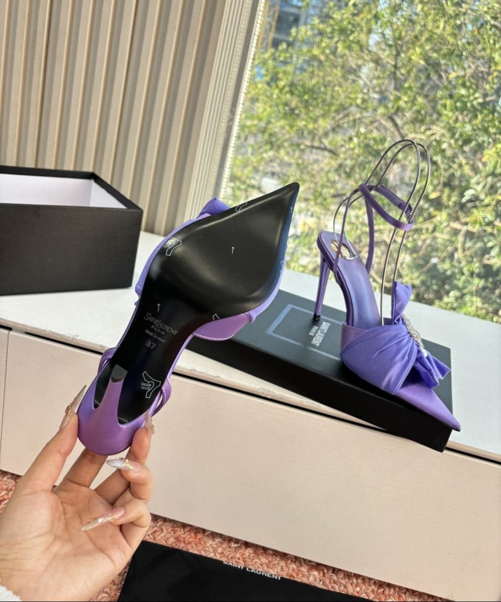 Saint Laurent Dove Sandals in Satin Crepe and Rhinestones Lilac