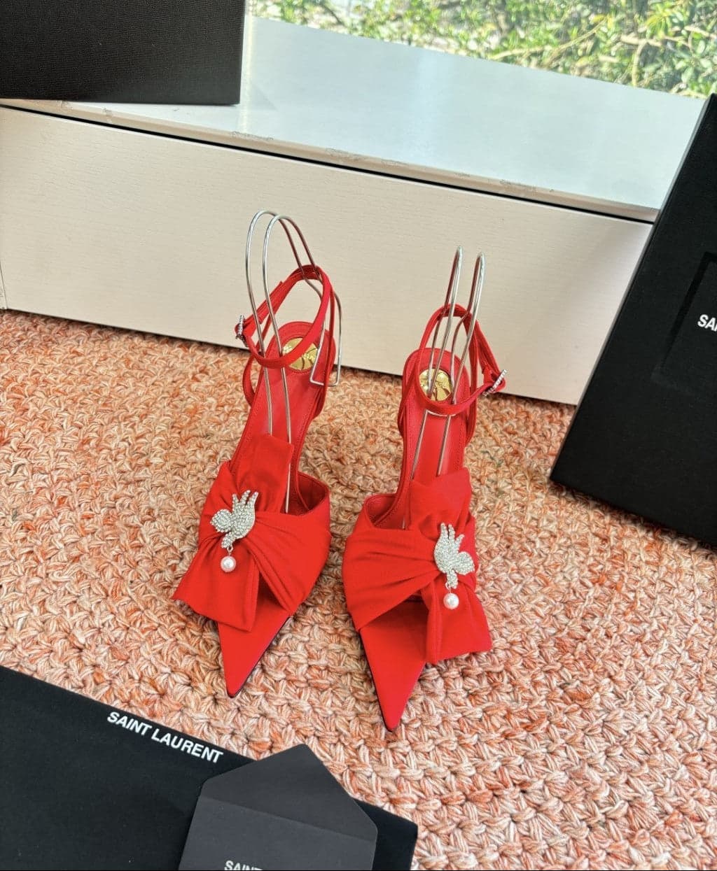Saint Laurent Dove Sandals in Satin Crepe and Rhinestones Red