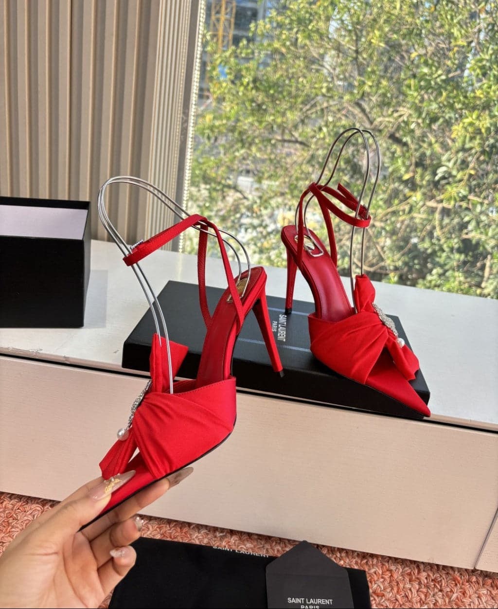 Saint Laurent Dove Sandals in Satin Crepe and Rhinestones Red