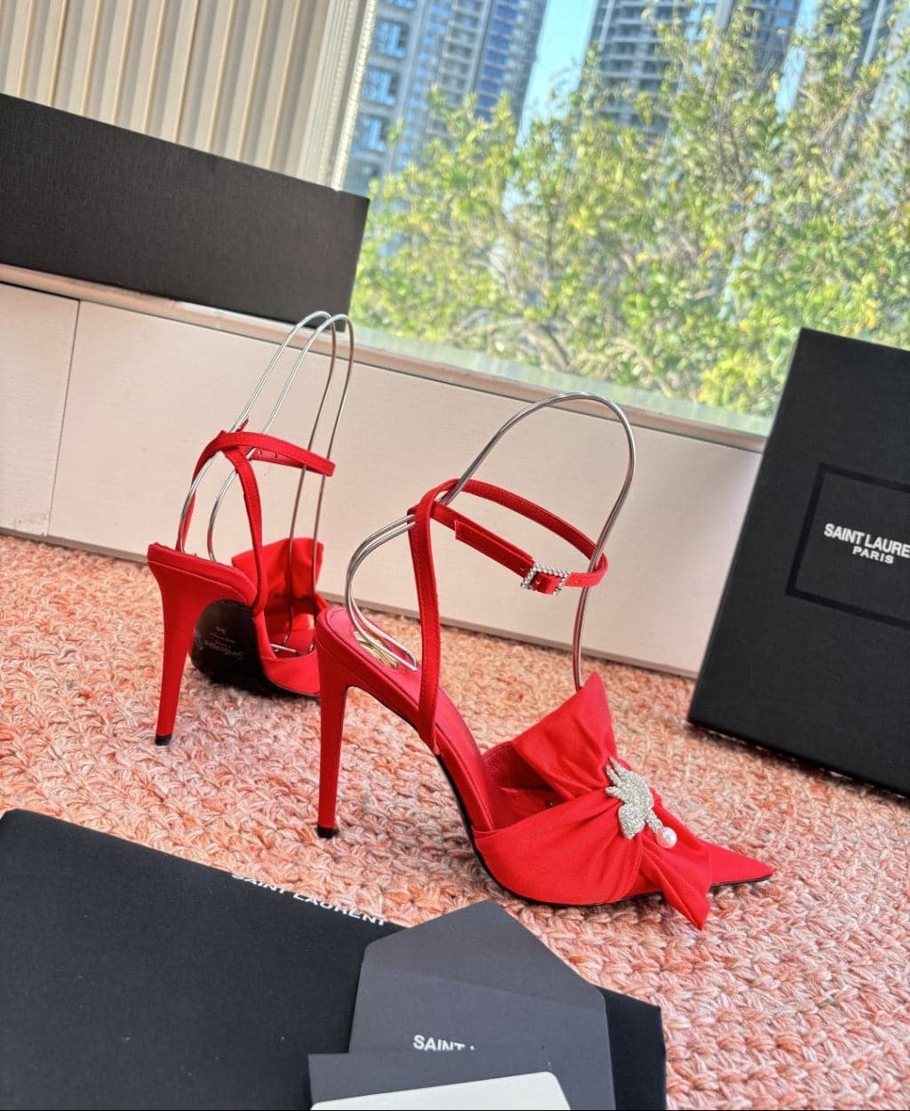 Saint Laurent Dove Sandals in Satin Crepe and Rhinestones Red