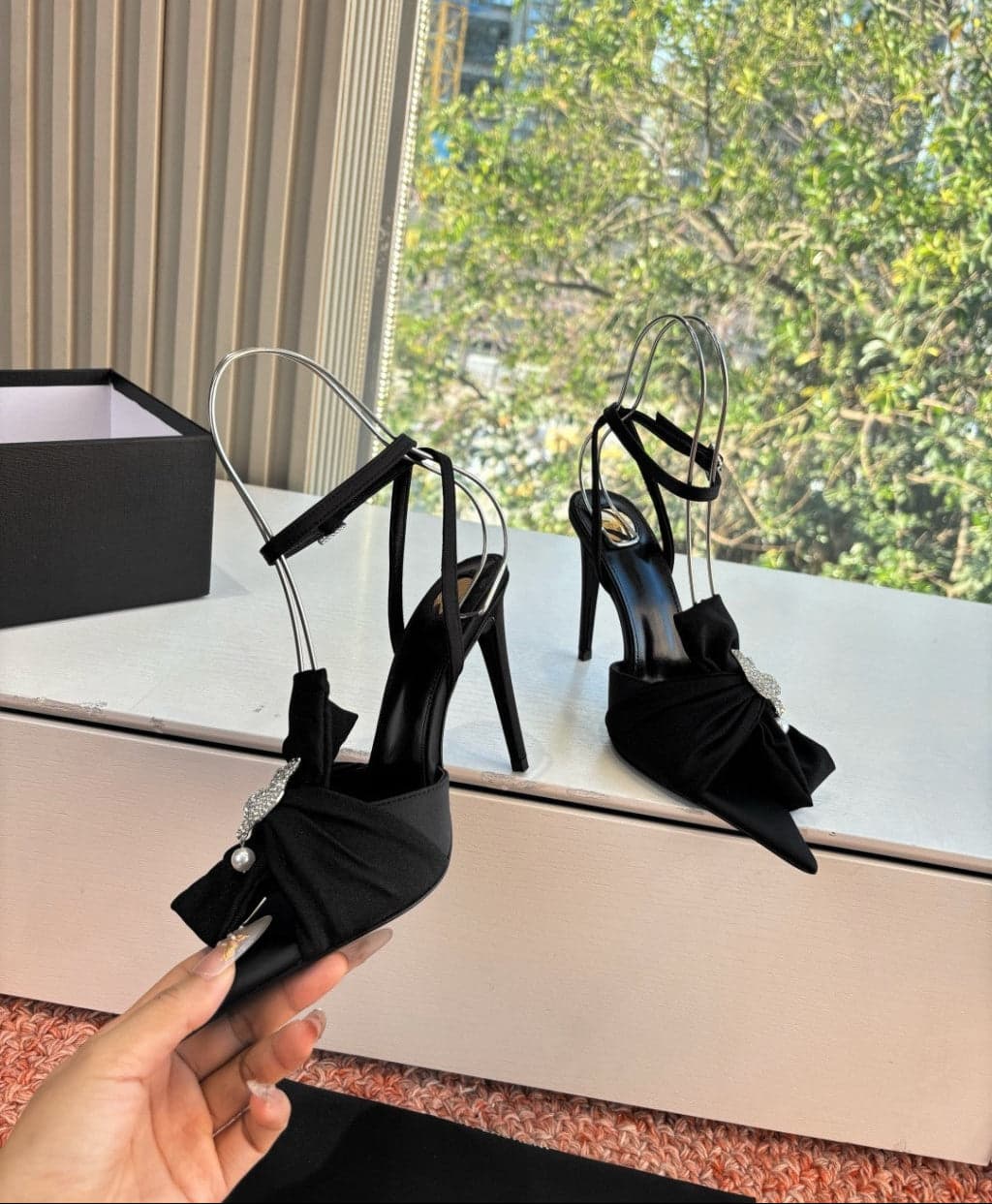 Saint Laurent Dove Sandals in Satin Crepe and Rhinestones Black / Black