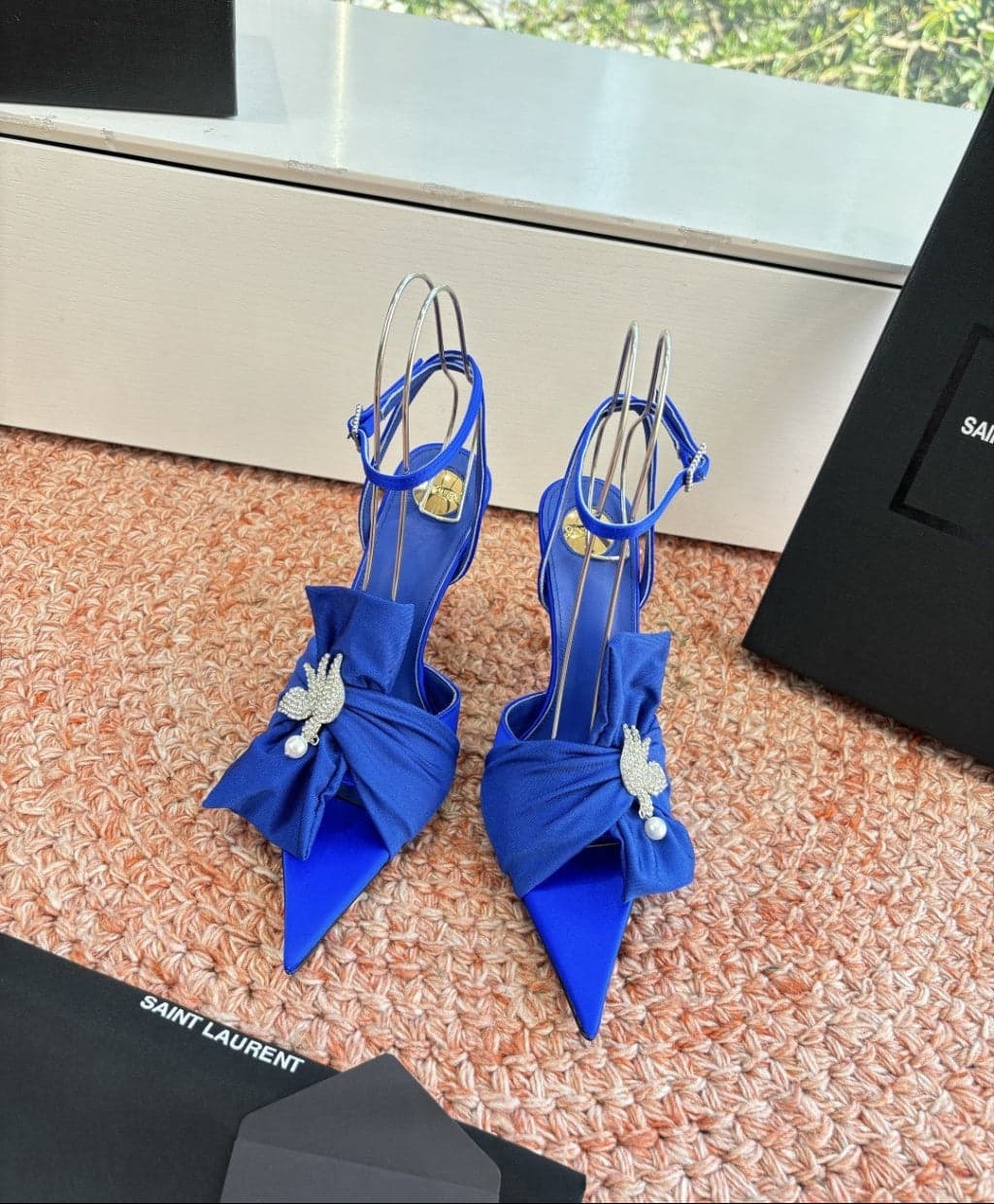 Saint Laurent Dove Sandals in Satin Crepe and Rhinestones Royal Blue