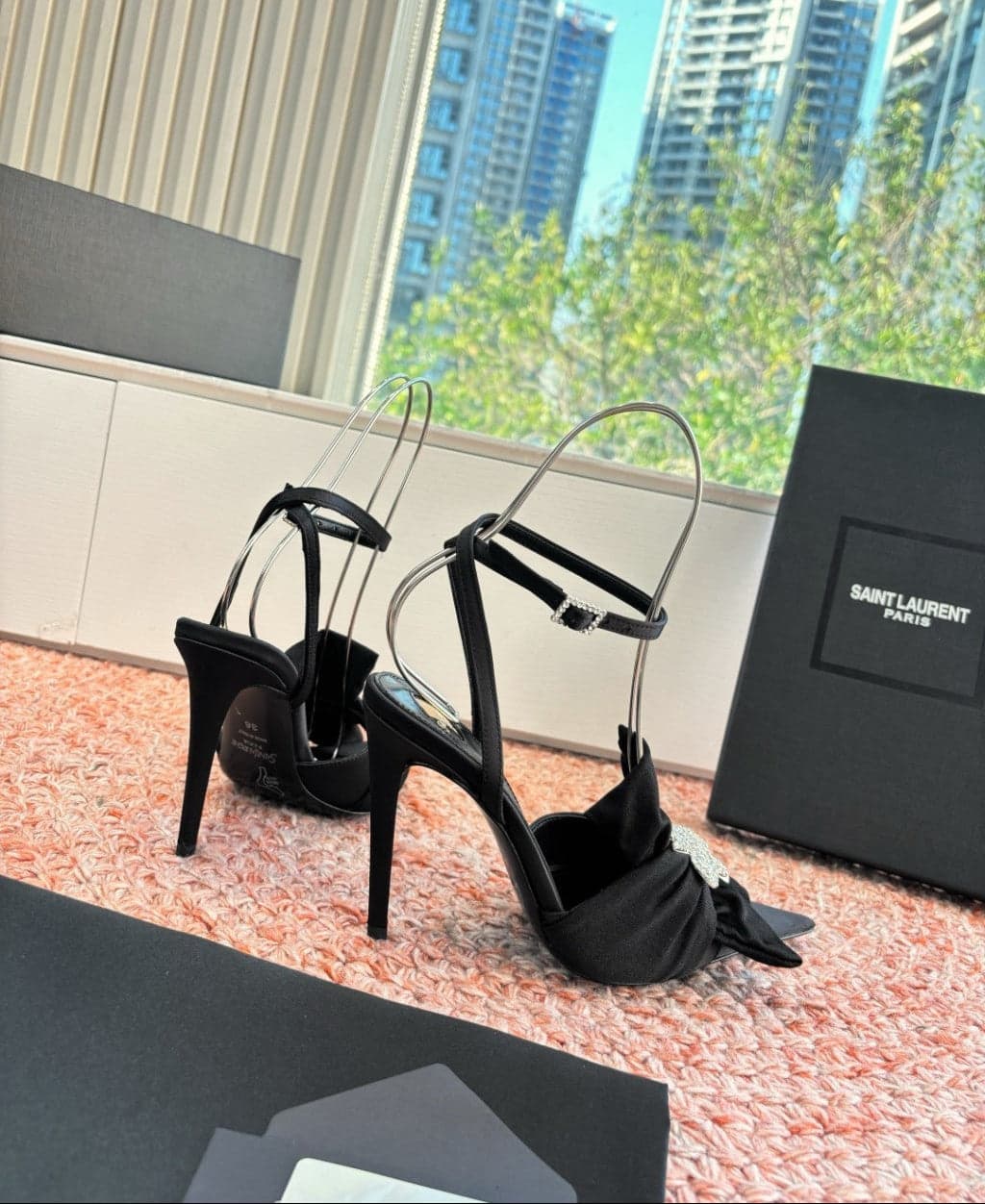 Saint Laurent Dove Sandals in Satin Crepe and Rhinestones Black / Black