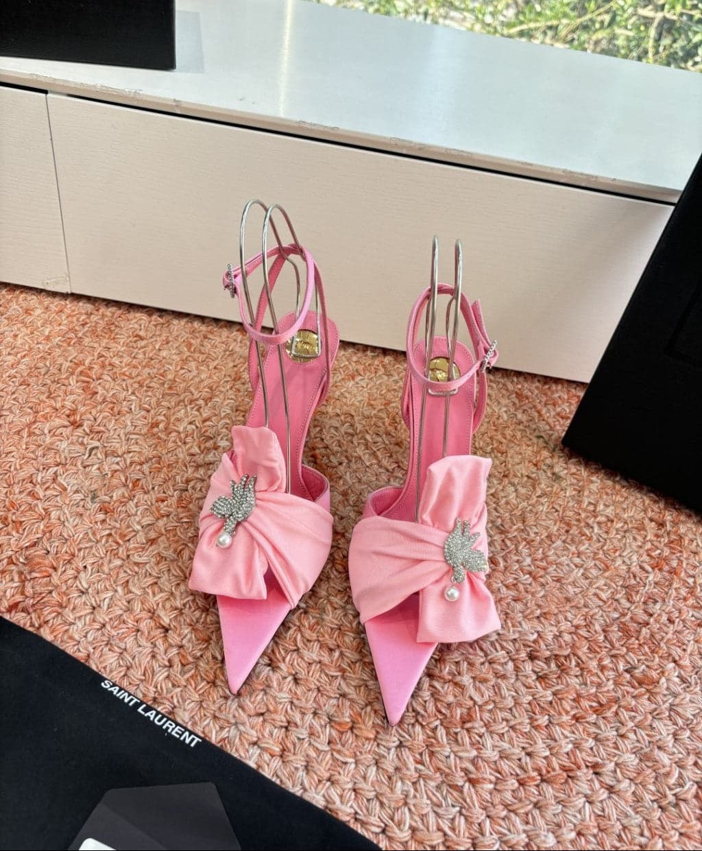 Saint Laurent Dove Sandals in Satin Crepe and Rhinestones Baby Pink
