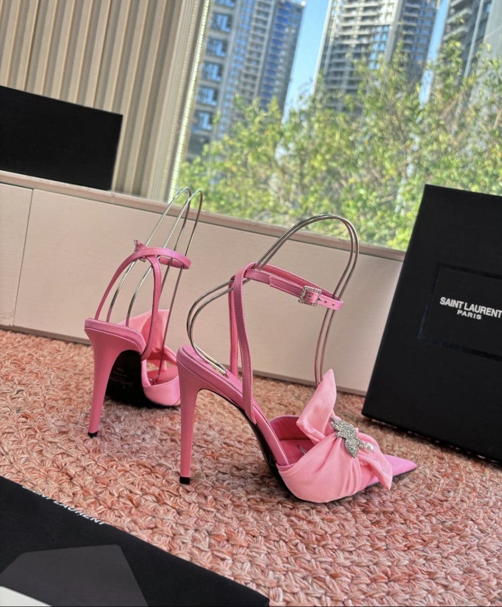 Saint Laurent Dove Sandals in Satin Crepe and Rhinestones Baby Pink