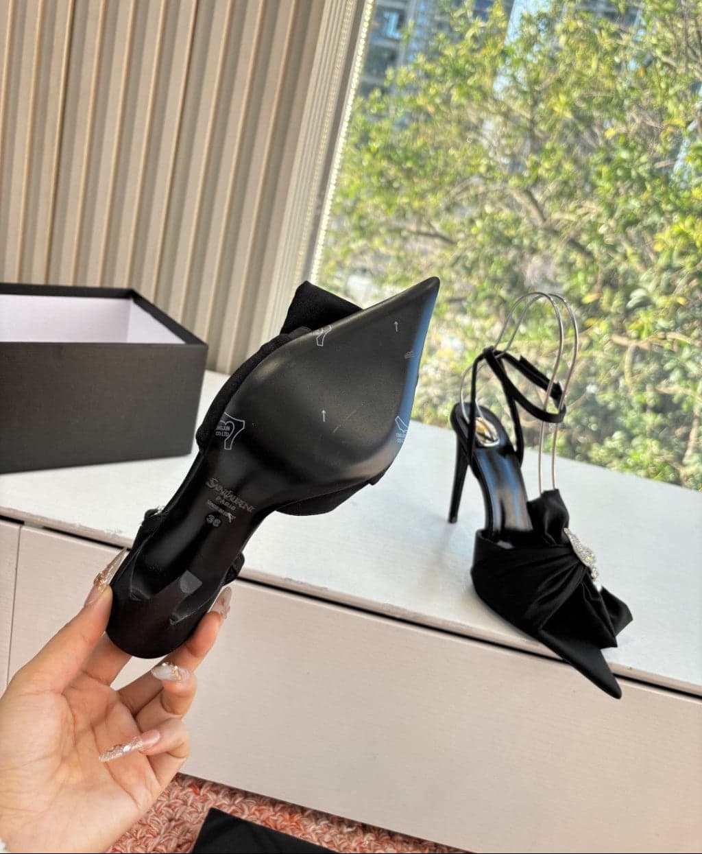 Saint Laurent Dove Sandals in Satin Crepe and Rhinestones Black / Black