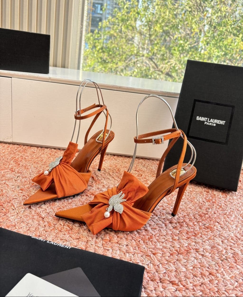 Saint Laurent Dove Sandals in Satin Crepe and Rhinestones Orange