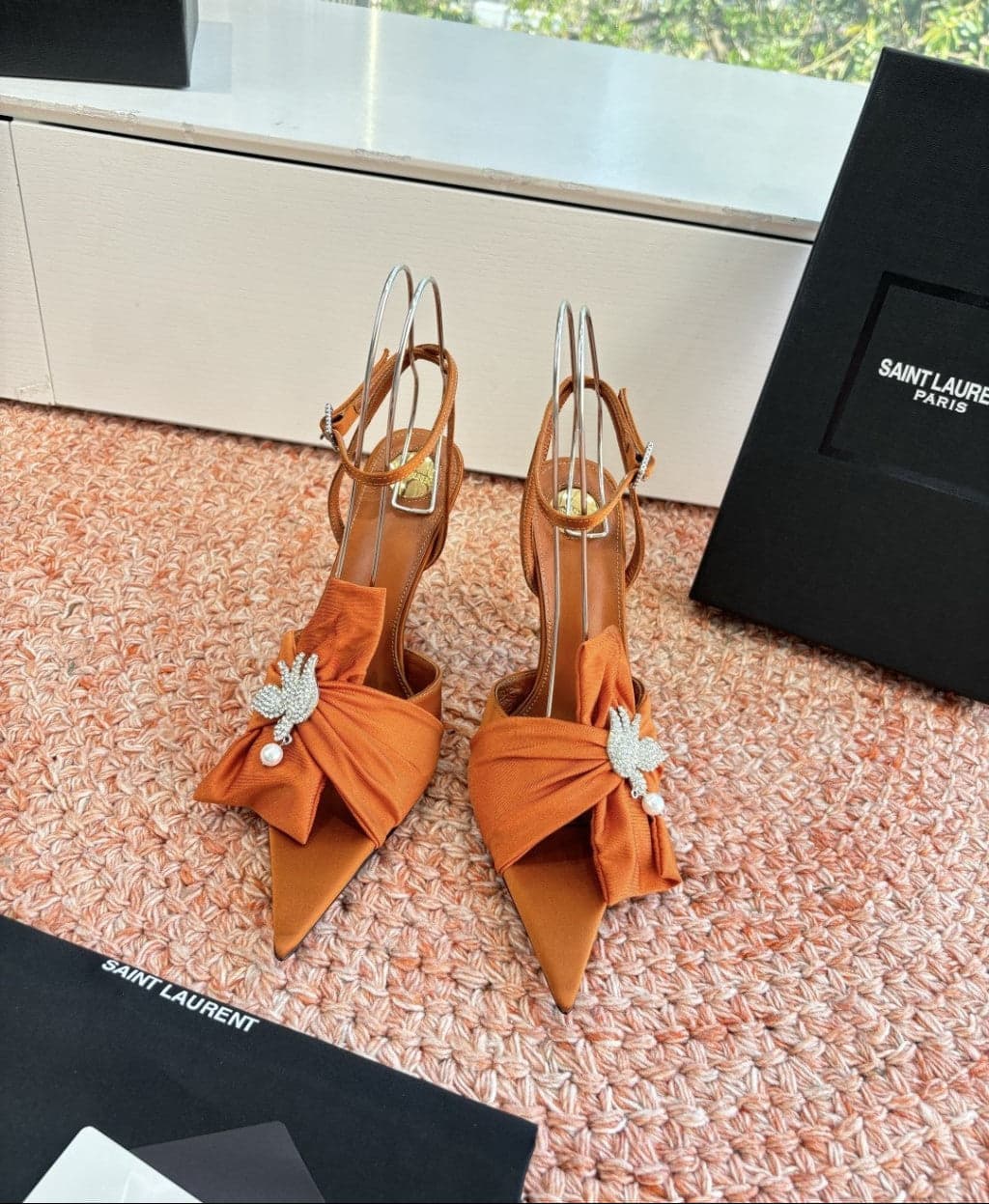 Saint Laurent Dove Sandals in Satin Crepe and Rhinestones Orange