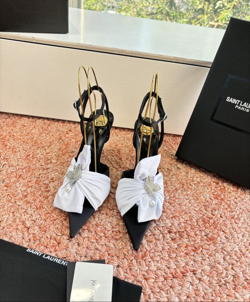 Saint Laurent Dove Sandals in Satin Crepe and Rhinestones Black / White