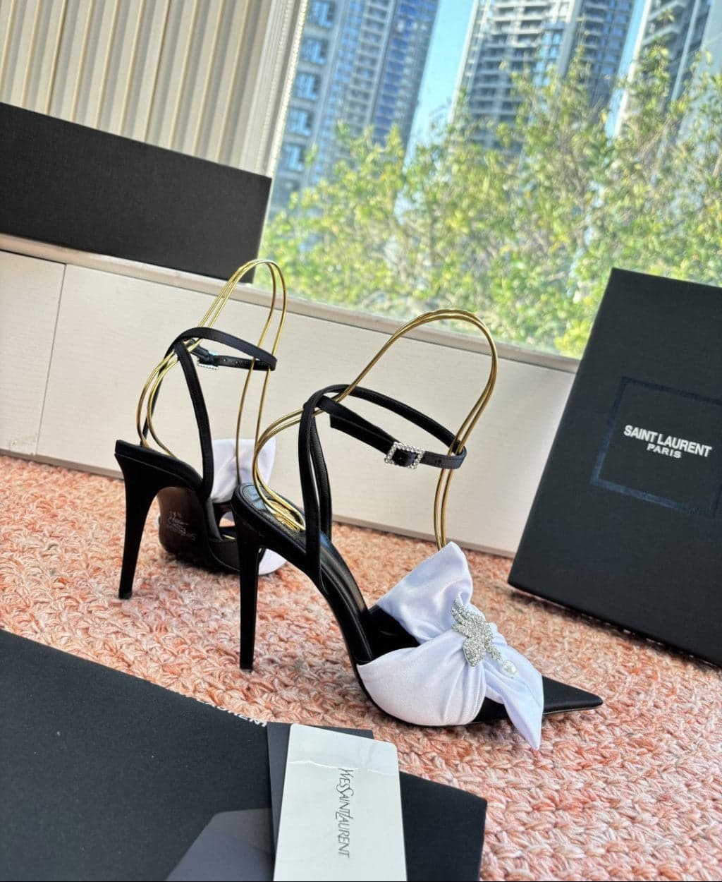 Saint Laurent Dove Sandals in Satin Crepe and Rhinestones Black / White