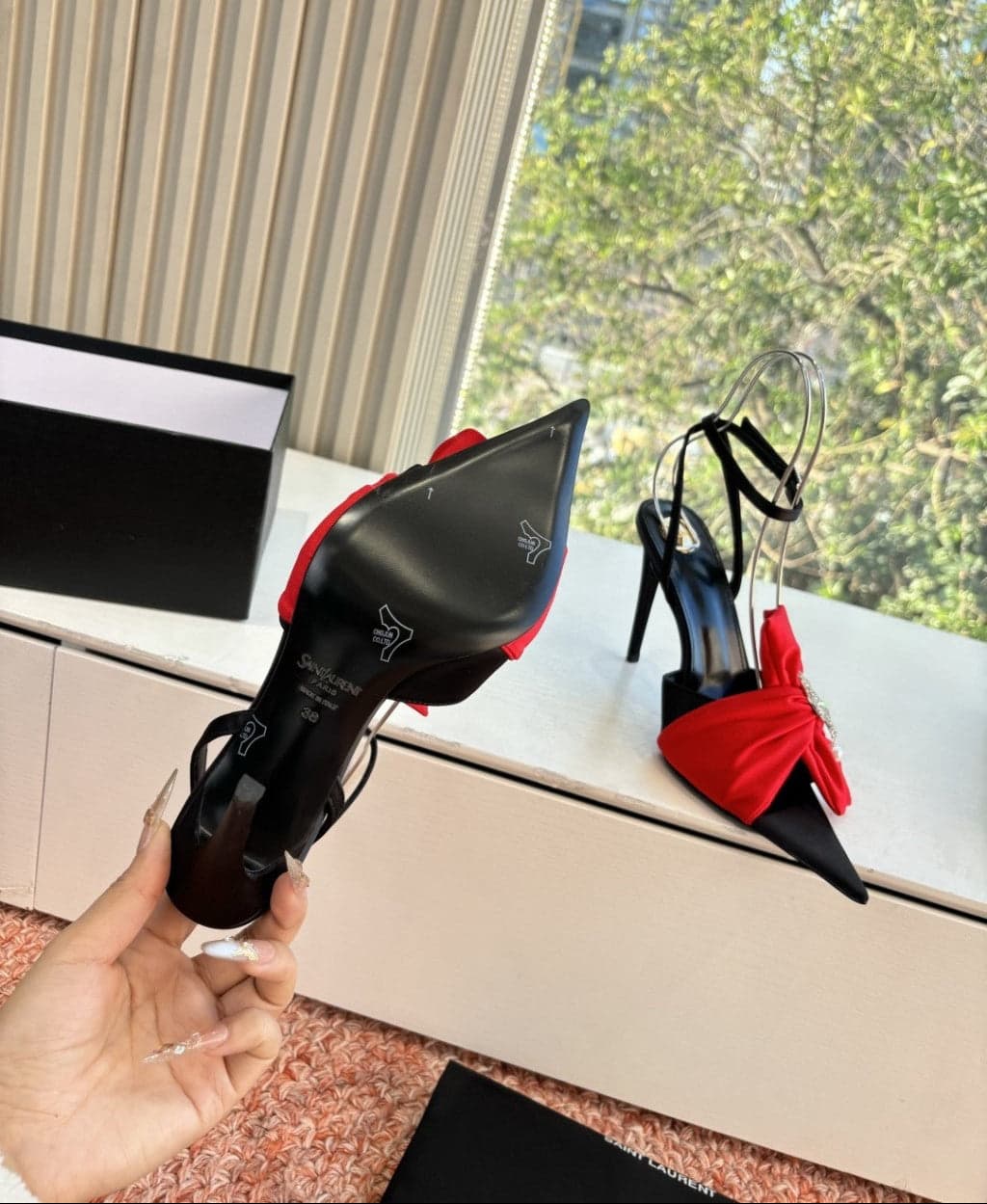 Saint Laurent Dove Sandals in Satin Crepe and Rhinestones Black / Red