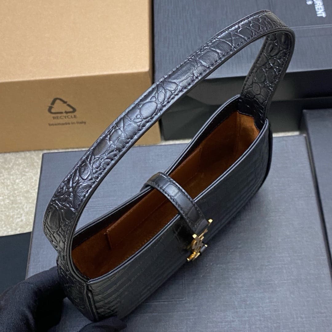 Saint Laurent Le 5 À 7 Croc Top Handle Bag Black Ferragens Douradas