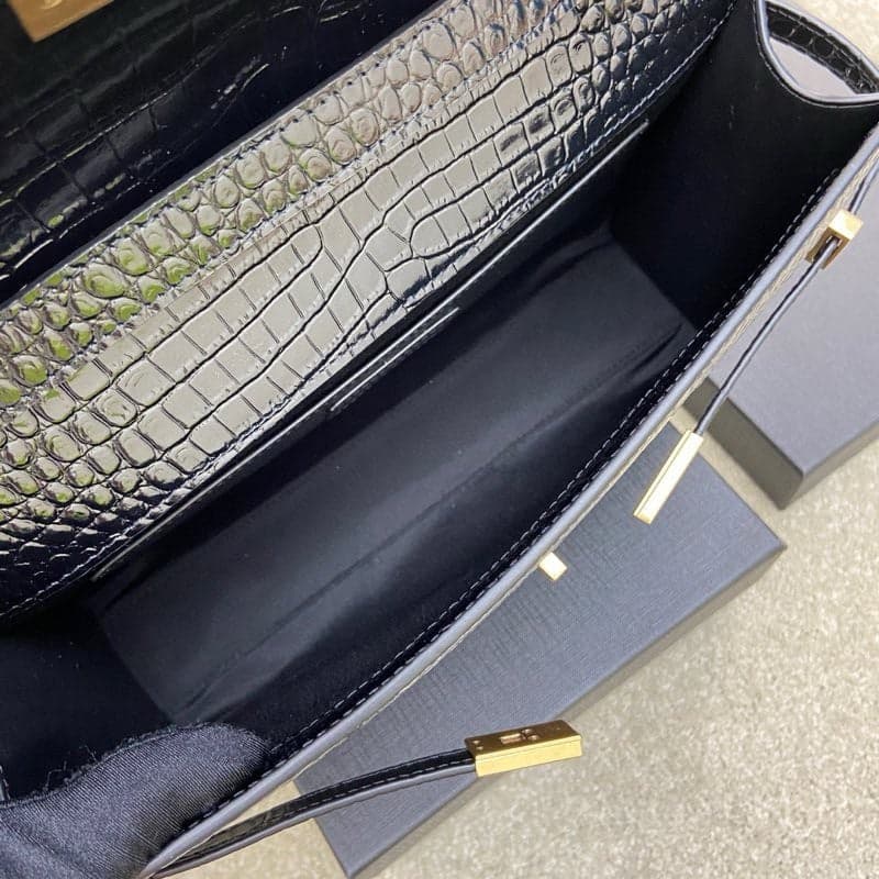 Saint Laurent Manhattan Small Shoulder Bag Croc Black Ferragens Douradas