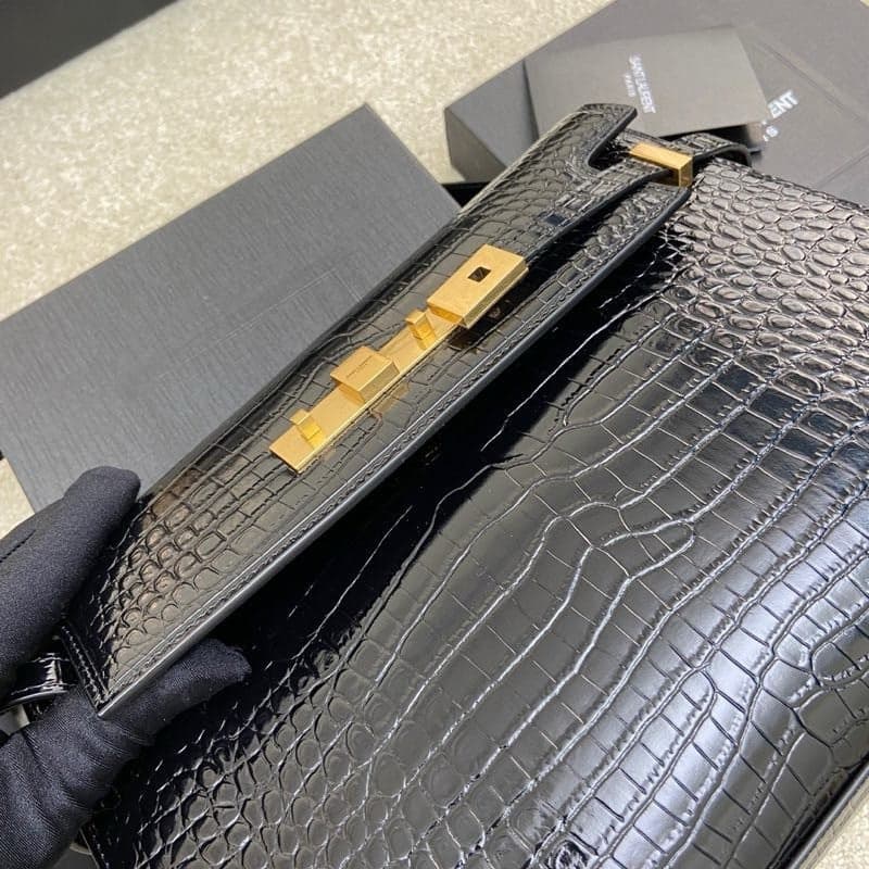 Saint Laurent Manhattan Small Shoulder Bag Croc Black Ferragens Douradas