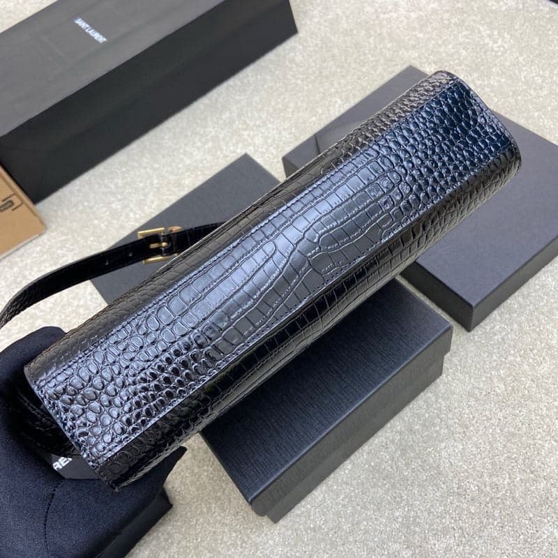 Saint Laurent Manhattan Small Shoulder Bag Croc Black Ferragens Douradas