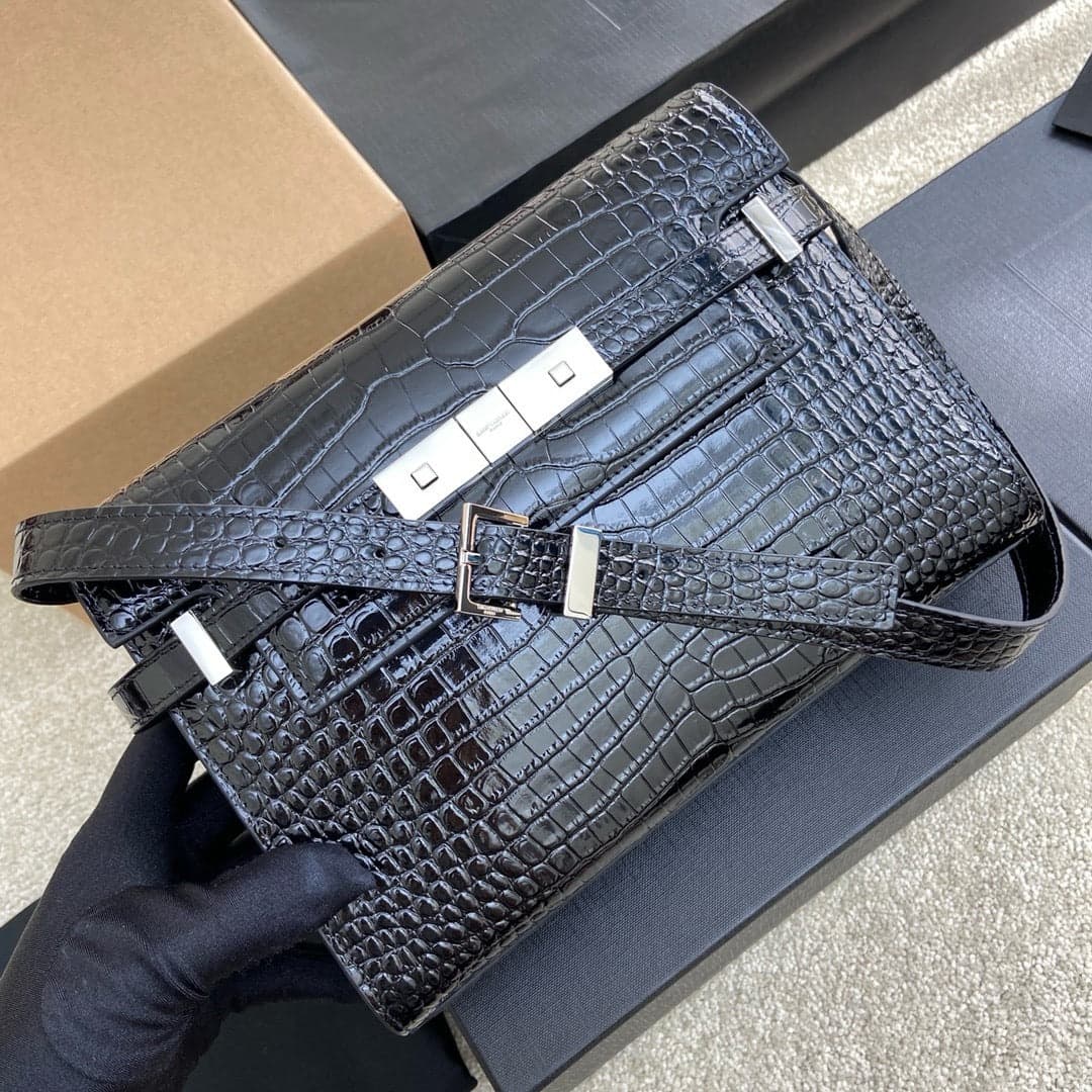 Saint Laurent Manhattan Small Shoulder Bag Croc Black Ferragens Prata