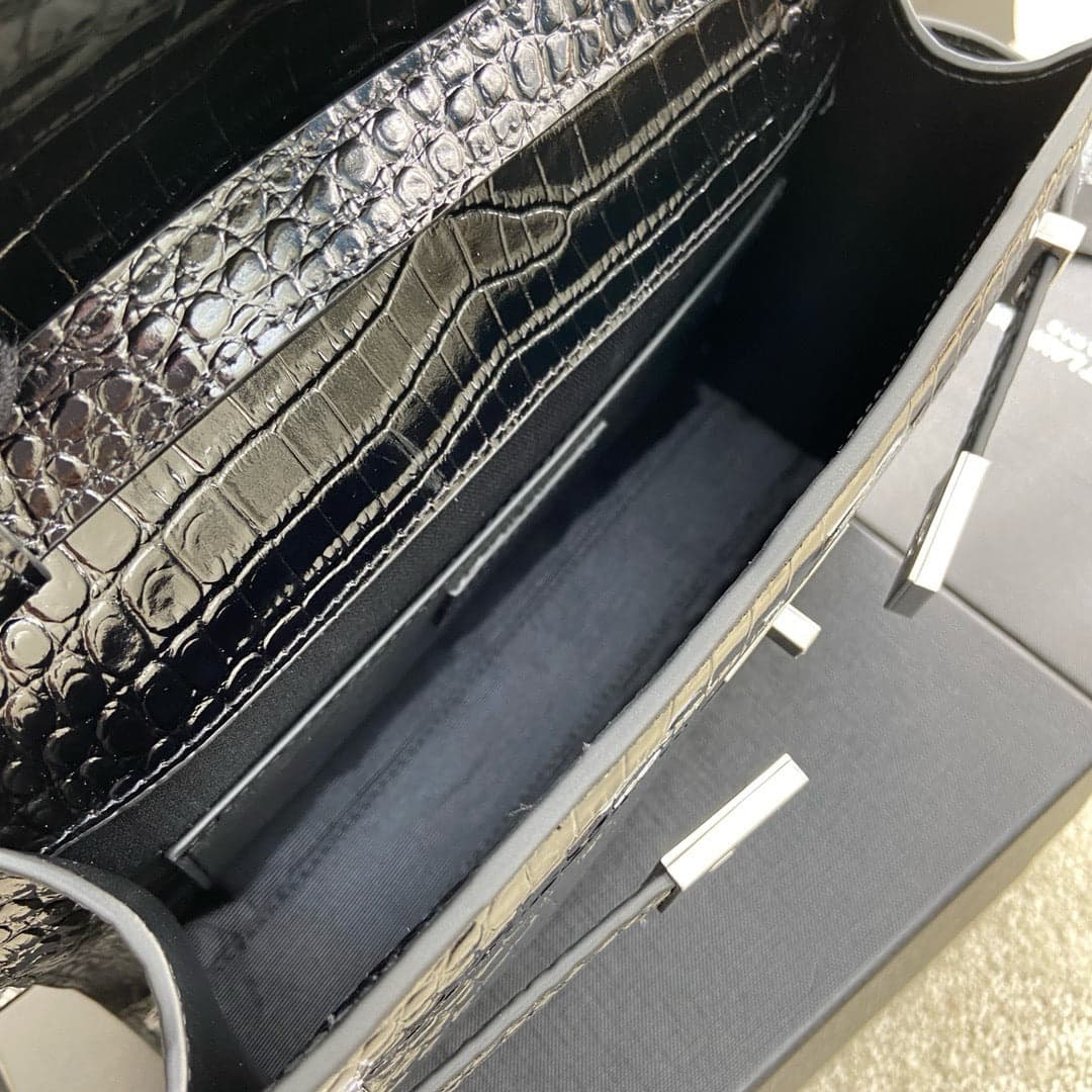 Saint Laurent Manhattan Small Shoulder Bag Croc Black Ferragens Prata