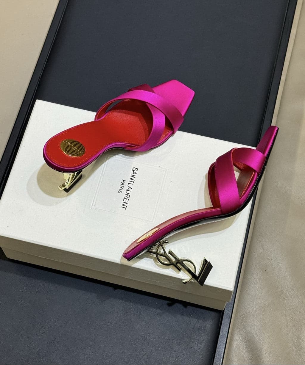 Saint Laurent Mules Opyum Em Crepe De Cetim Rosa Choque