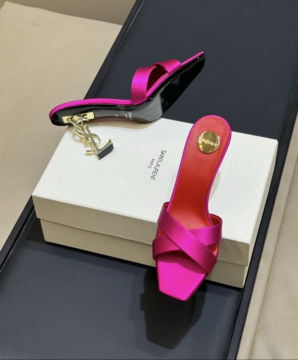 Saint Laurent Mules Opyum Em Crepe De Cetim Rosa Choque