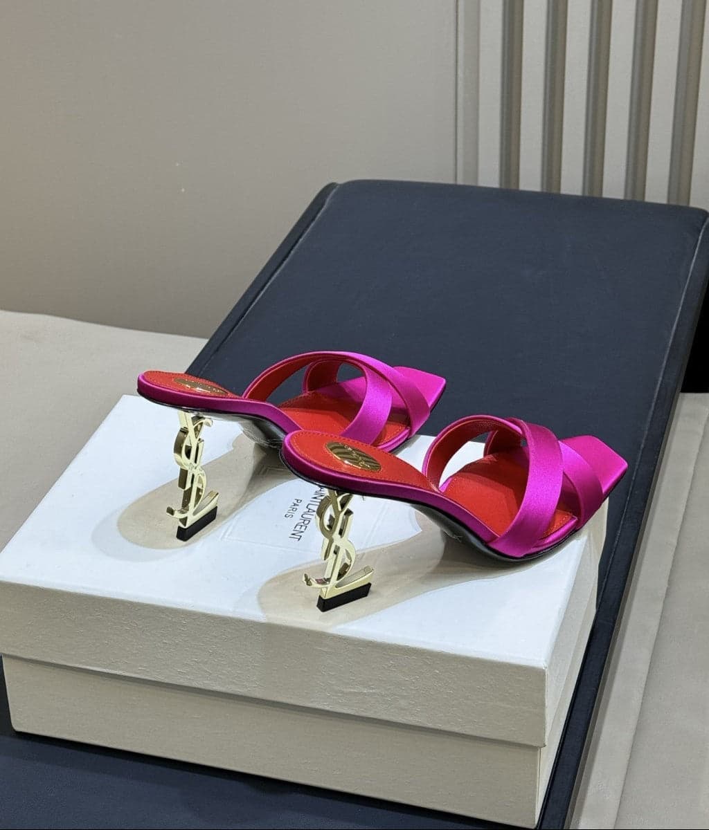 Saint Laurent Mules Opyum Em Crepe De Cetim Rosa Choque