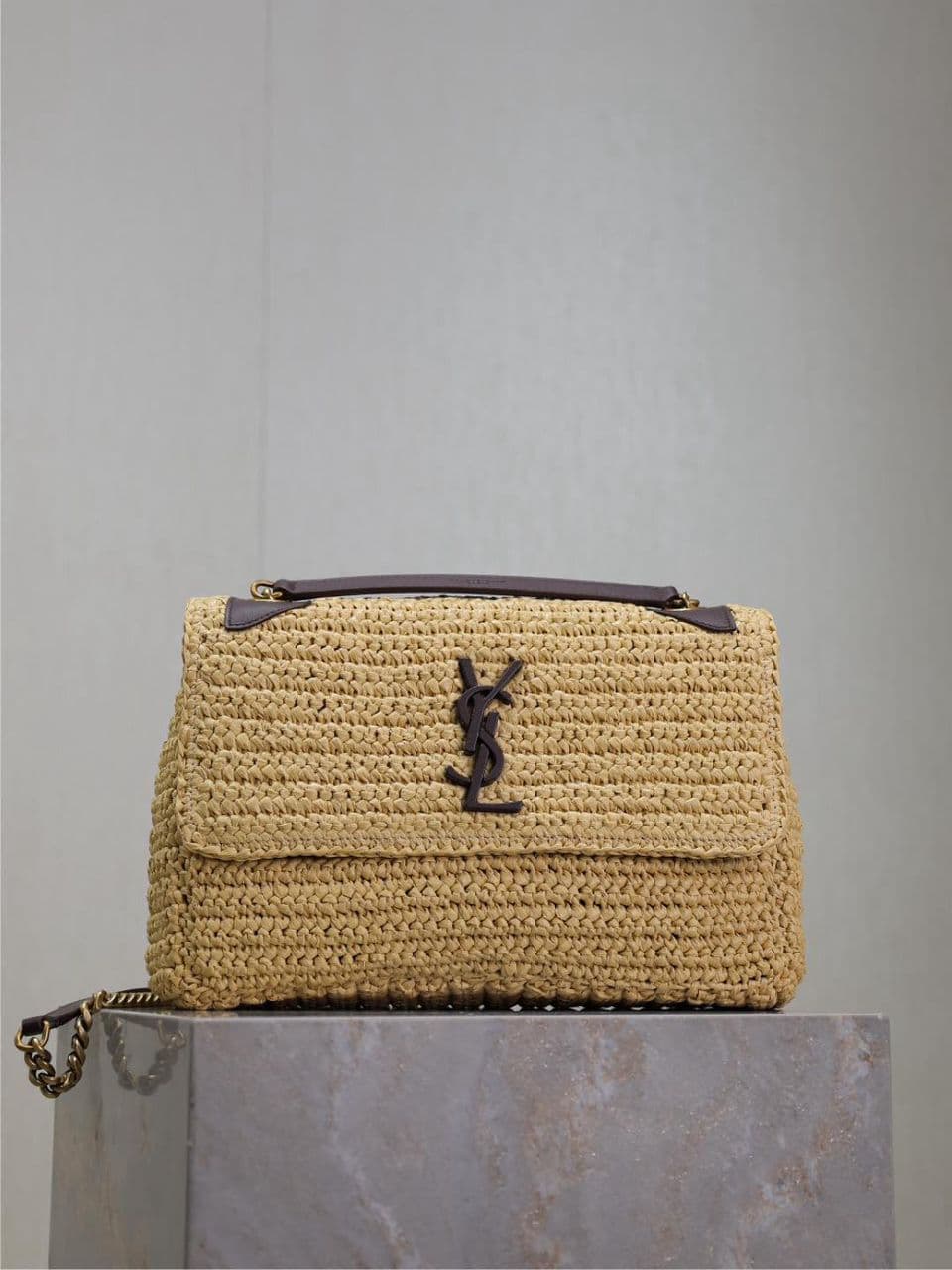 Saint Laurent Niki Medium Raffia Chain Bag Natural Preto .