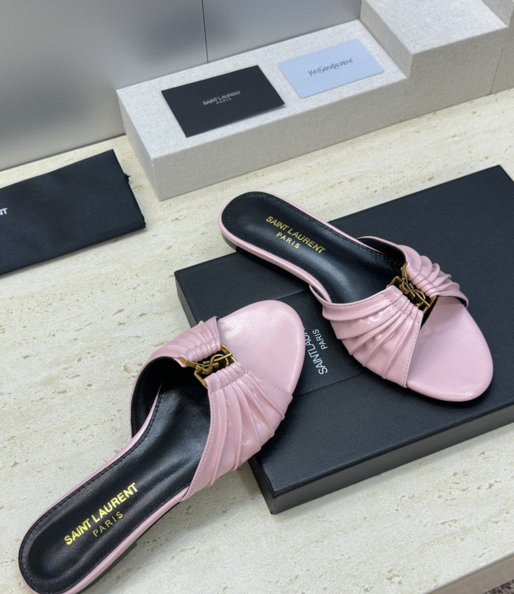 Saint Laurent Flat Slide Sandals Pink Gold
