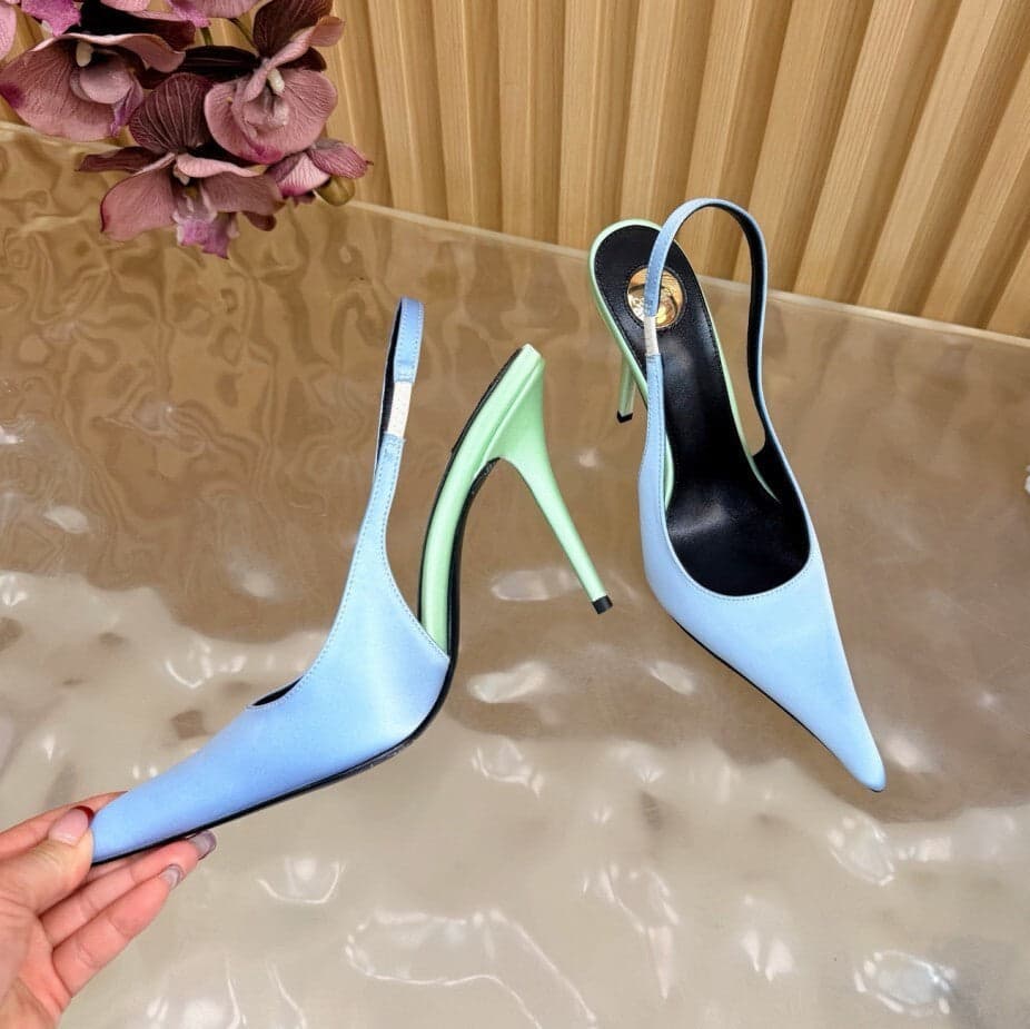 Saint Laurent Scarpin Slingback Deroche Soft Blue & Pastel Green em Crepe de Cetim