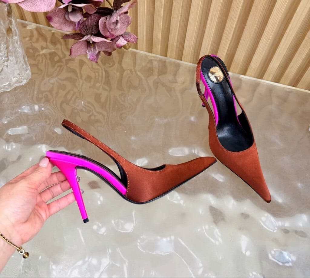 Saint Laurent Scarpin Slingback Deroche Dark Ruggine & Fuchsia em Crepe de Cetim
