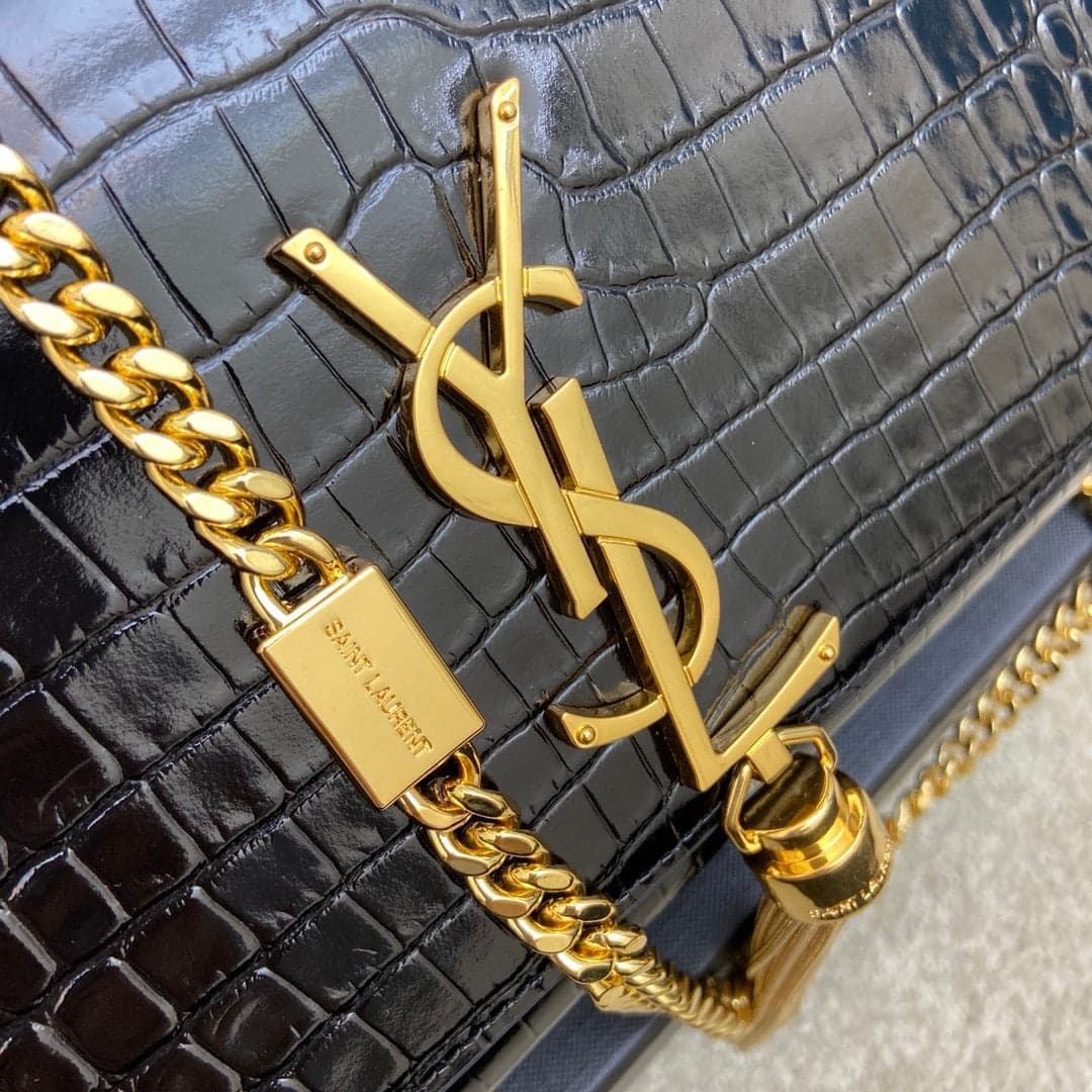 Saint Laurent Shoulder Bag Black Croc Ferragens Dourados