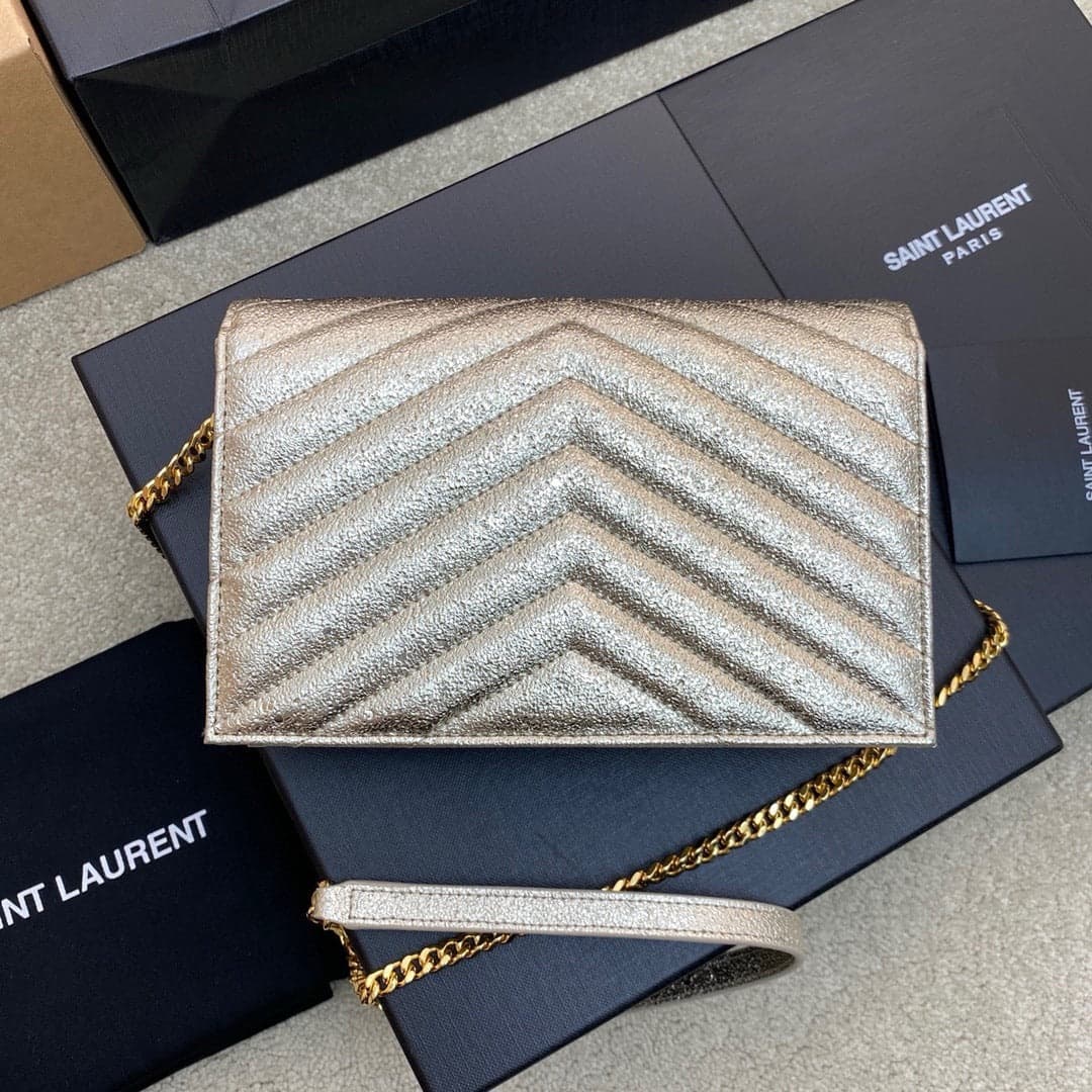 Saint Laurent Shoulder Bag Champagne Metalizado Ferragens Douradas