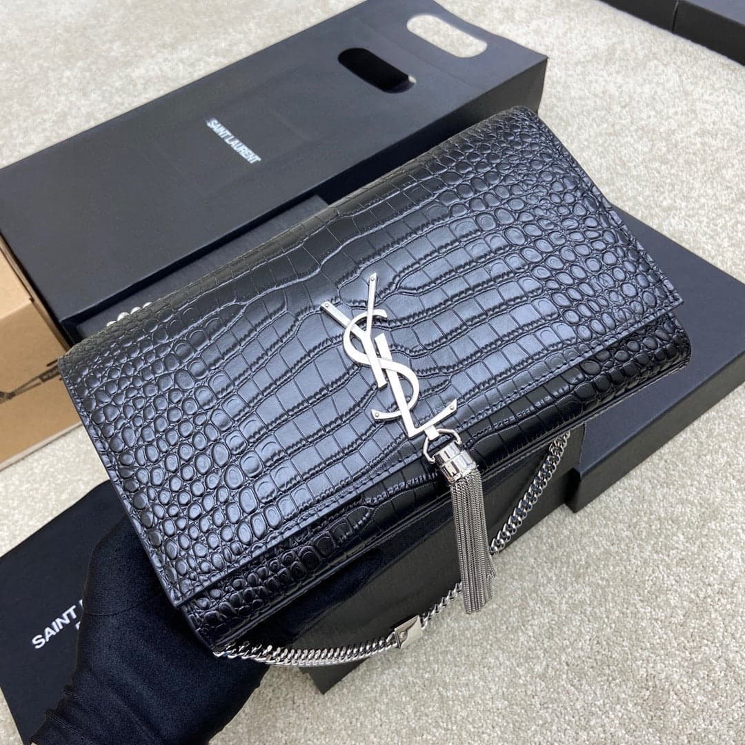 Saint Laurent Shoulder Bag Black Croc Ferragens Prata