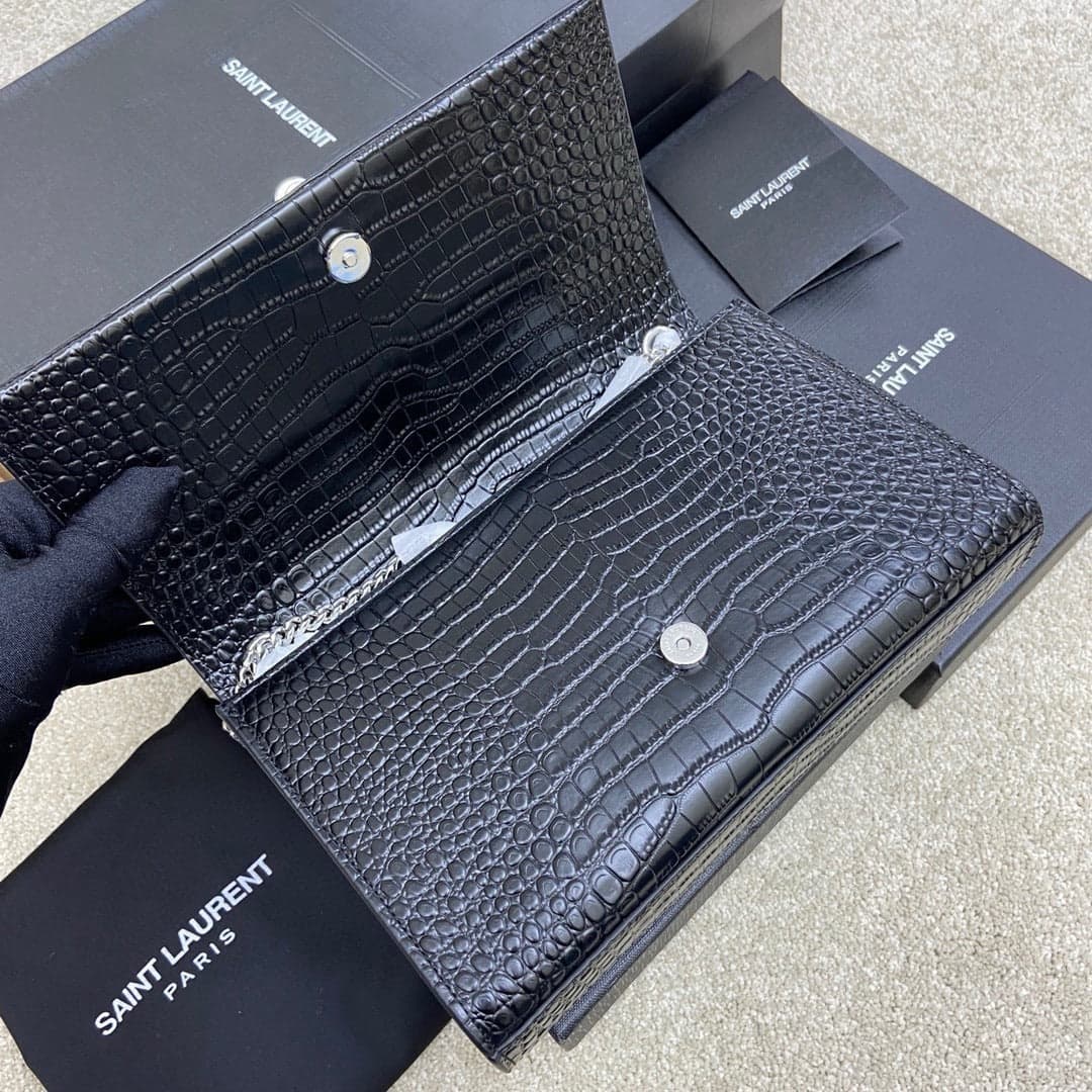 Saint Laurent Shoulder Bag Black Croc Ferragens Prata