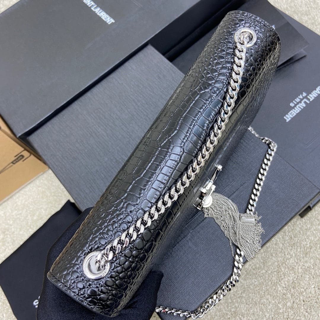 Saint Laurent Shoulder Bag Black Croc Ferragens Prata