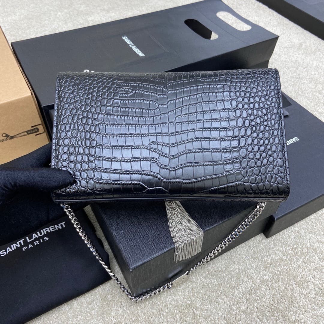 Saint Laurent Shoulder Bag Black Croc Ferragens Prata
