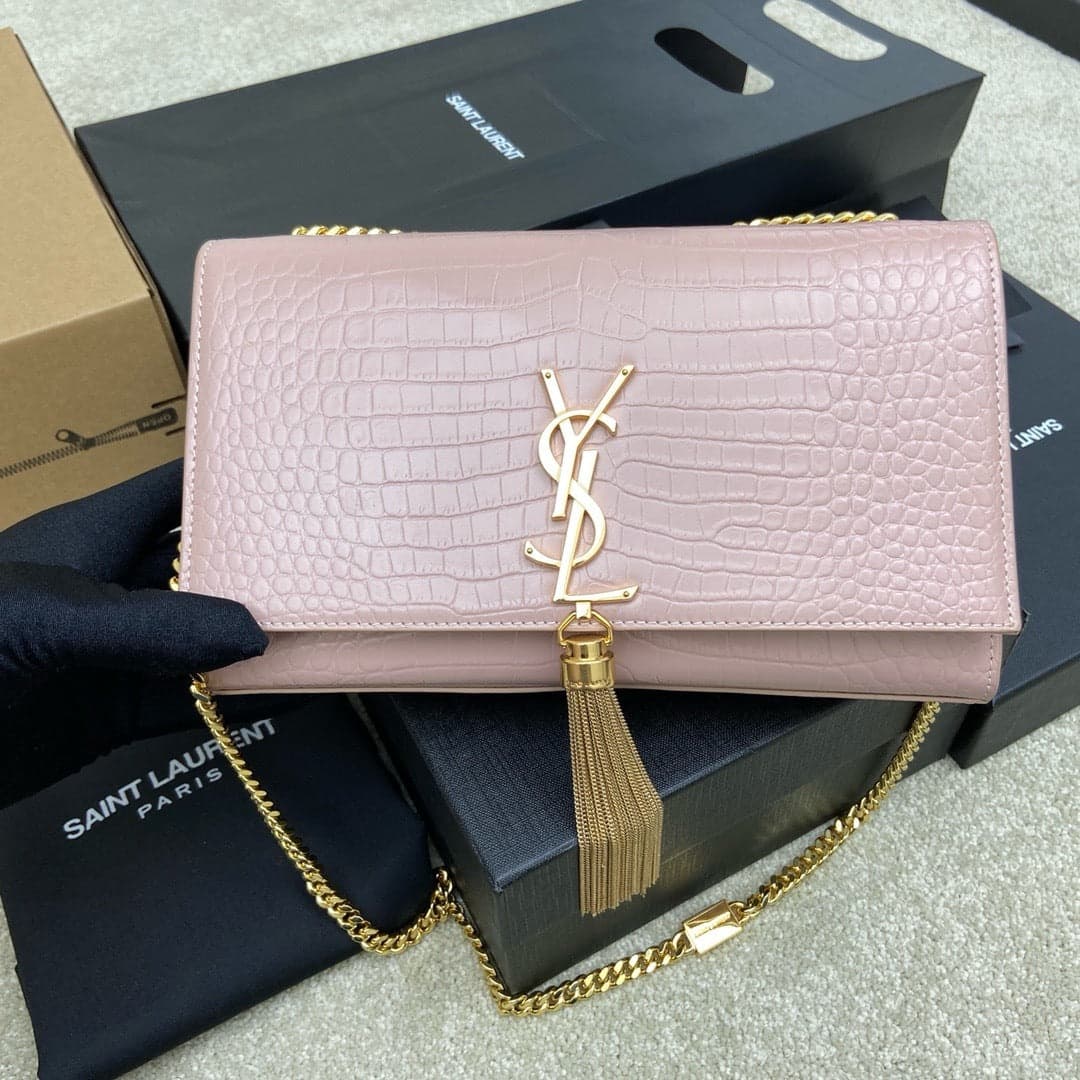Saint Laurent Shoulder Bag Pink Blush Croc Ferragens Dourados