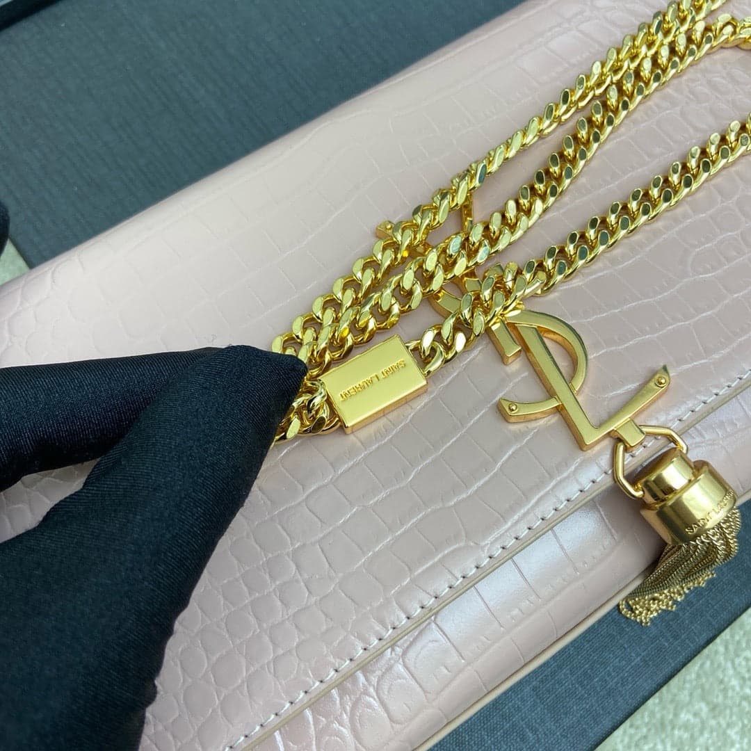 Saint Laurent Shoulder Bag Pink Blush Croc Ferragens Dourados